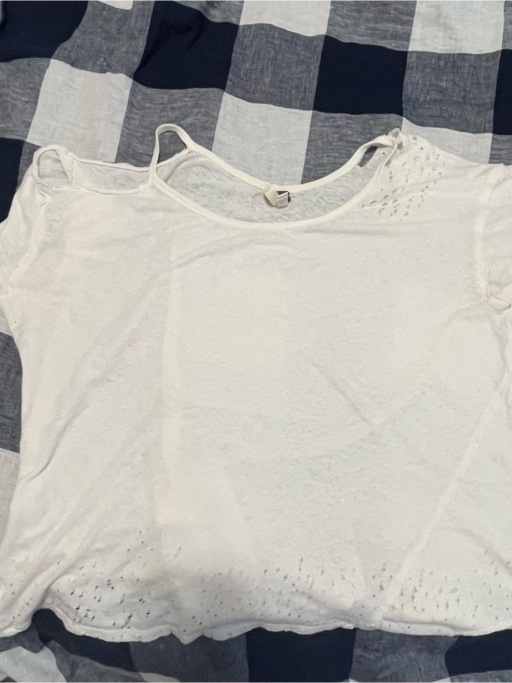 We The Free White Short Sleeve Pin Hole Knit Top with One Cold Shoulder